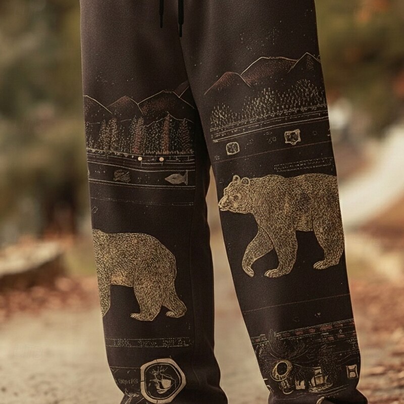 Men's Animal Bear Mountain Pants Trousers Casual Pants Mid Waist Drawstring Elastic Waist Vintage Retro Outdoor Camping & Hiking Hunting Straight Leg Trousers Spring Fall 3D Print Black Brown3