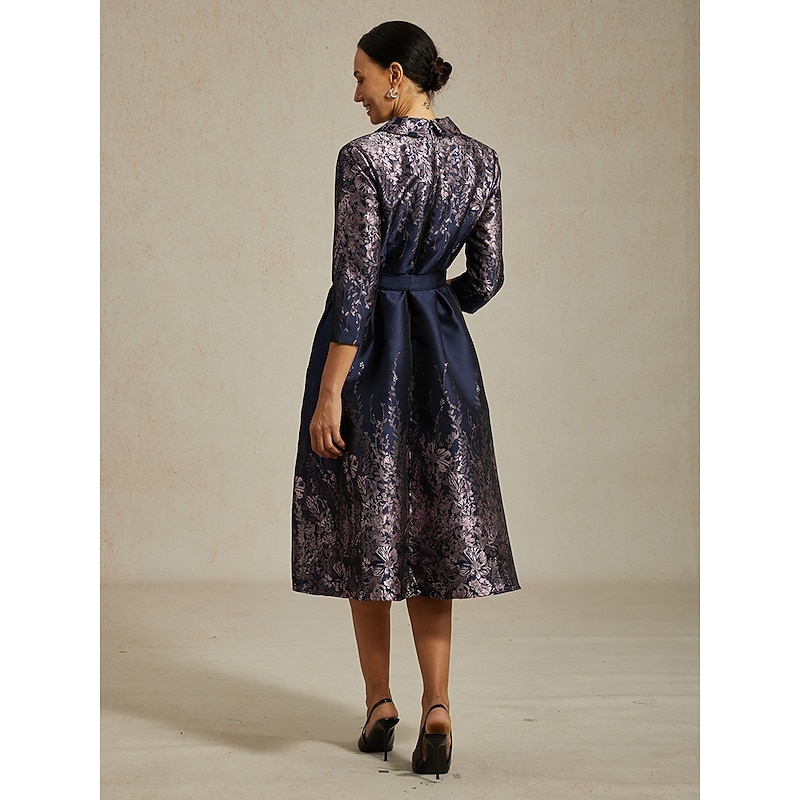 Women's Midi Dress Sheath Dress Elegant Birthday Floral 3/4 Length Sleeve Shirt Collar Navy Blue Summer Spring Fall Winter2