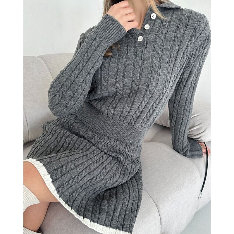 Women's Active Fashion Blouse Sweater Skirt Sets Long Sleeve Shirt Collar Color Block Patchwork Vacation Holiday Black White Gray Fall Regular Fit