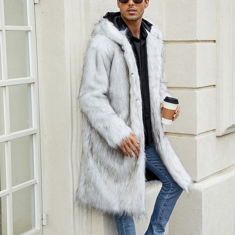 Men's Winter Coat Fur Coat Hoodied Jacket Outerwear Vacation Casual Winter Polyester Soft Outdoor Outerwear Clothing Apparel Warm Ups Comfort Leopard Pocket Hooded