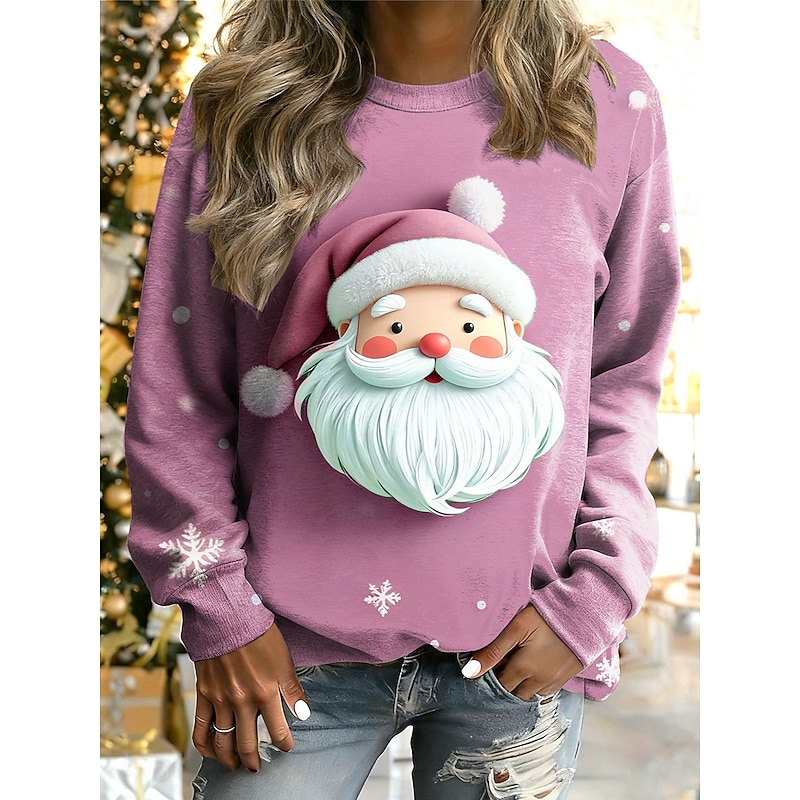 Women's Pullover Graphic Santa Claus Warm Classic Casual Long Sleeve Crew Neck Regular Tops Home Street Dailywear Print Pink Blue Purple Green Fall Winter2
