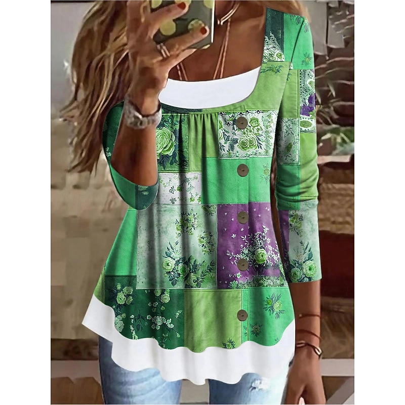 Women's T Shirt Floral Graphic Vintage Stylish Classic Long Sleeve Square Neck Long Tops Daily Weekend Patchwork Buttons Print Red Blue Purple Green Spring Fall Winter4