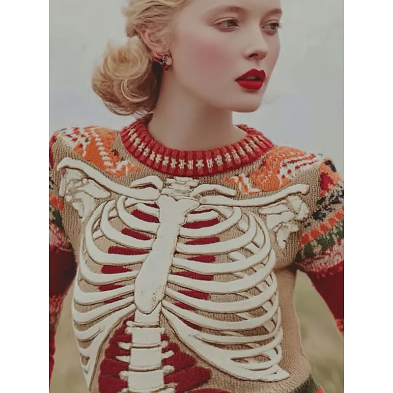 Halloween Women's Sweater Skeleton  Vintage Cute Streetwear Graphic Skeleton Crew Neck Patchwork Knitted Long Sleeve Regular Tops KnitRed Fall Winter2