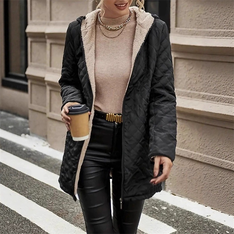 Women's Puffer Jacket Quilted Jacket Casual Jacket Comfortable Breathable Zipper Pocket Casual Plain Vacation Street Casual Daily Wear Zipper Long Hooded Regular Fit Long Sleeve Outerwear Black4