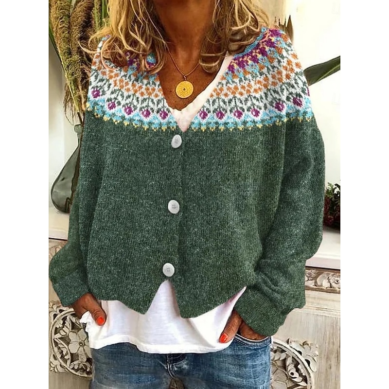 Women's Sweater Cardigan Casual Soft Geometric Color Block Ribbed V Neck Knitted Long Sleeve Regular Tops Knit Christmas Outdoor Daily Pink Dark Green Fall Winter3