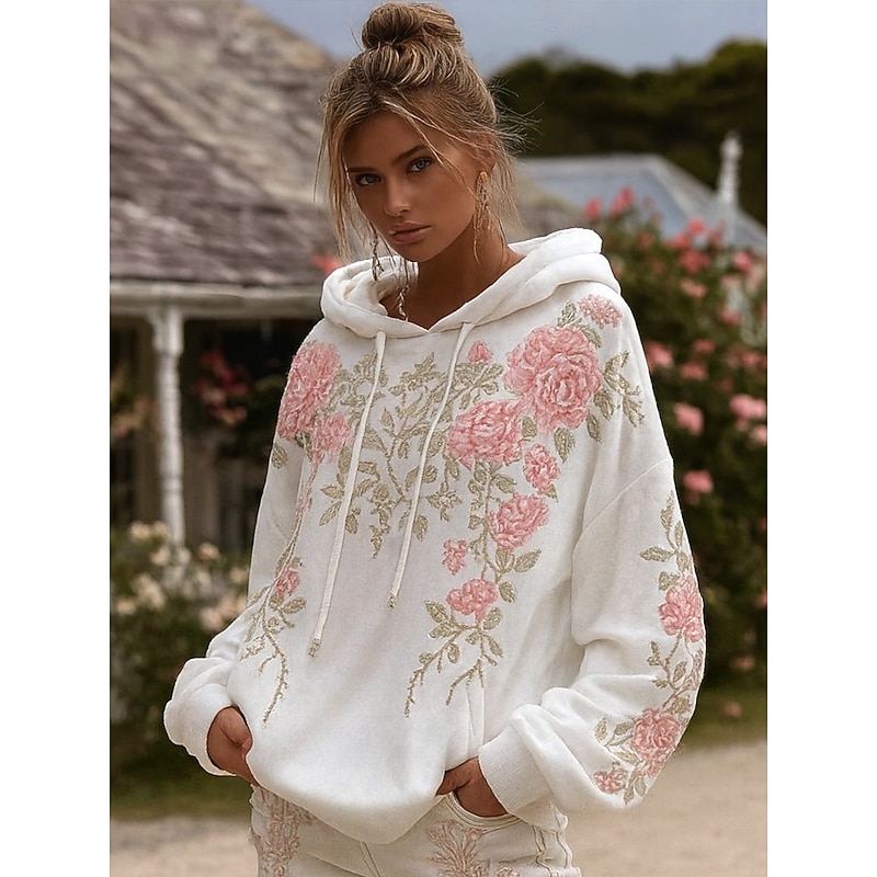 Women's Pullover Hoodie Sweatshirt Floral Graphic Elegant Warm Active Long Sleeve Hooded Regular Tops Street Dailywear Casual Patchwork Print White Spring Fall Winter