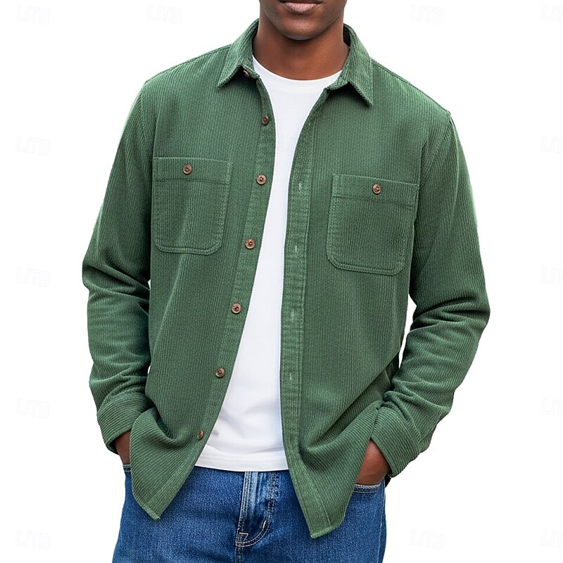 Men's Corduroy Shirt Pink Navy Blue Purple Green Gray Long Sleeve Turndown School Training Pocket Clothing Apparel Vintage Casual3