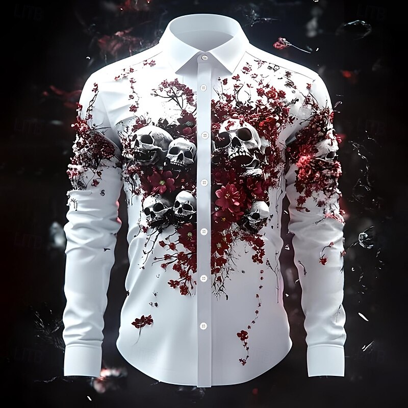 Men's Skull Floral / Flower Day of the Dead Shirt Button Up Shirt Long Sleeve Dark Punk Gothic Style Outdoor Holiday Summer Spring Turndown 3D Print Collared Shirts Red Blue Purple Green