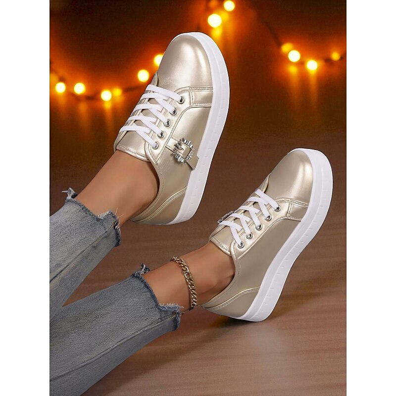 Women's Silver Metallic Lace-Up Sneakers with Rhinestone Buckle - Fashion Casual Shoes for Nightlife Parties and Club Outfits3
