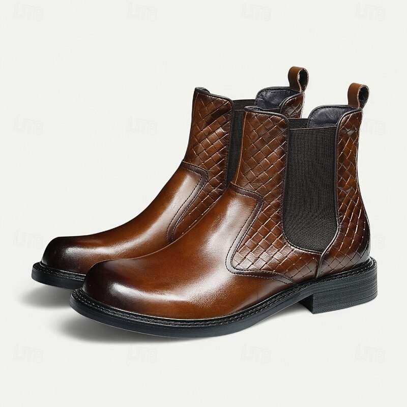Men's Brown Woven Chelsea Boots Classic Slip-On Ankle Boots with Elastic Side Panel for Office, Parties and Smart Casual Outfits2