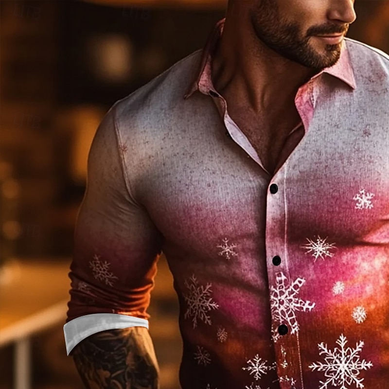 Men's Snowflake Gradient Color Shirt Button Up Shirt Long Sleeve Vintage Retro Outdoor Casual Holiday Spring Fall Turndown 3D Print Collared Shirts Red Blue2