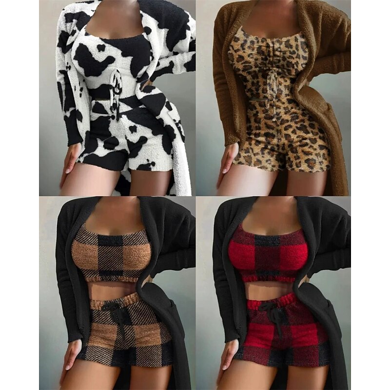 Women's Loungewear Fashion Casual Pure Color Elastic Waist Shorts Vacation Home Bed Long Sleeve Crew Neck Black White Red Khaki Fall Winter Tailored Fit