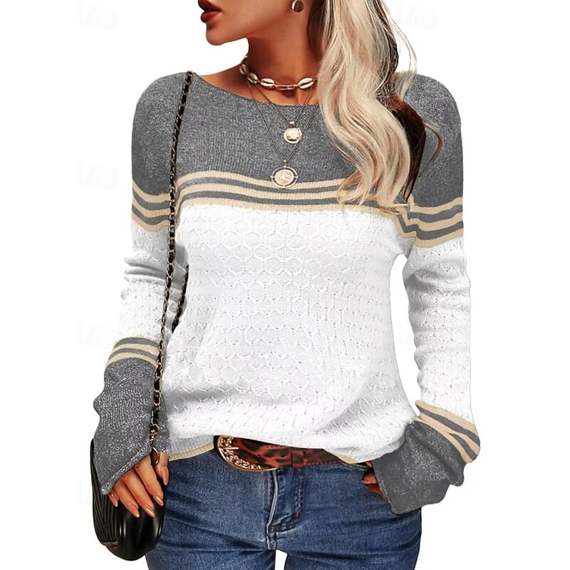 Women's Sweater Pullover Streetwear Casual Striped Crew Neck Patchwork Knitted Long Sleeve Regular Tops Knit Daily Holiday Going out Wine Red White Fall Winter