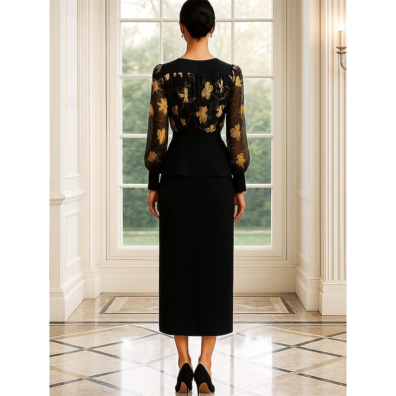 Two Piece Dress Sets Mother of the Bride Dress Elegant Vintage Crew Neck Tea Length Chiffon Long Sleeve with Print2