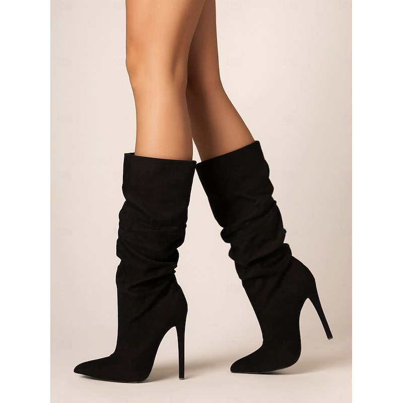 Women's Slouchy Suede Stiletto Boots, High Heel Pointed Toe Mid-Calf Boots in Multiple Colors for Stylish Fall and Winter Outfits