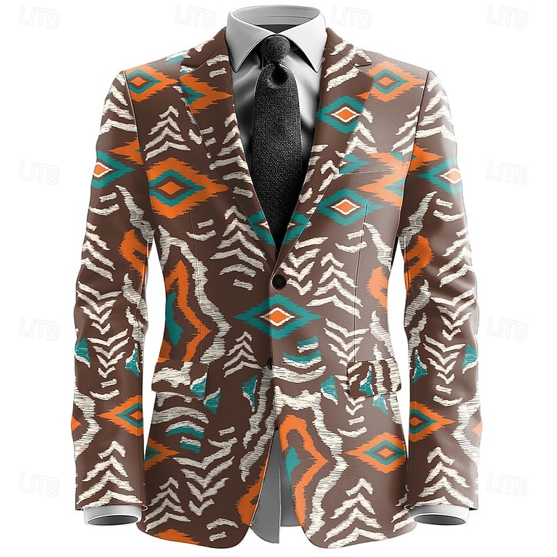 Men's Geometric Blazer Jacket Coat Comfortable Artistic Casual Party Casual Daily 3D Print Buttons Multi Pocket All Seasons Turndown Long Sleeve Red Blue Brown