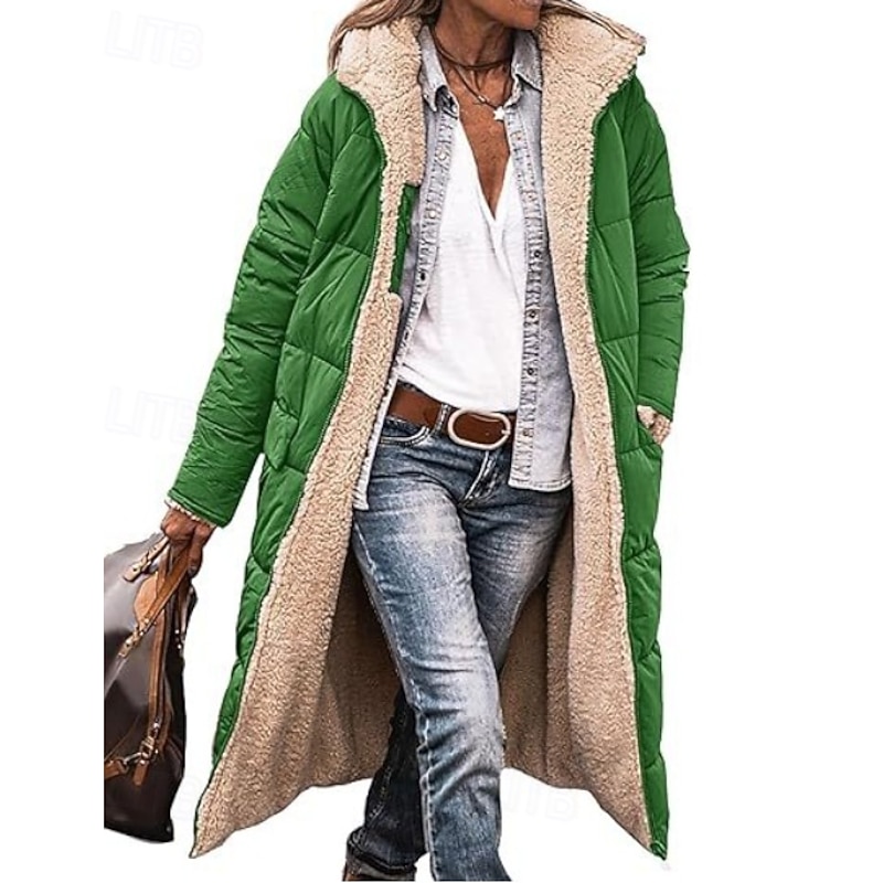 Women's Winter Coat Windproof Warm Open Front Vintage Daily Casual Plain Vacation Casual Daily Open Front Long Hooded Regular Fit Long Sleeve Outerwear Pink Blue Green Fall Winter