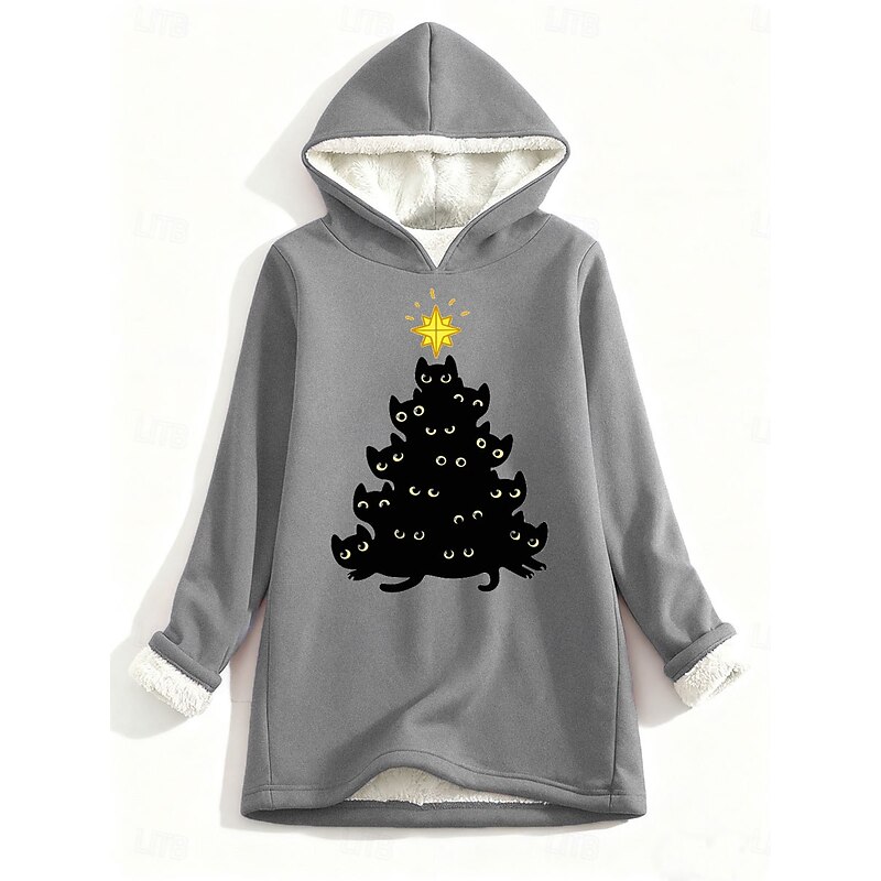 Women's Pullover Hoodie Sweatshirt Graphic Cat Christmas Tree Casual Comfrt Long Sleeve Hooded Regular Tops Street Dailywear Casual Print Pink Blue Gray Fall Winter4