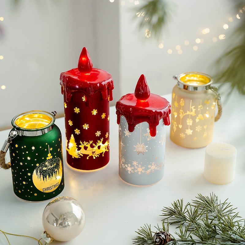 1 Pc Christmas Glass LED Light Handheld Light Electronic Candle Light Wind Light Desktop Ornament Light Atmosphere Light Warm Light AAA Battery Box