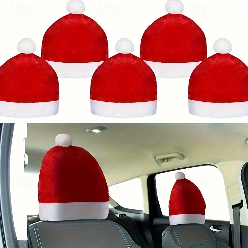 2-Pcs Festive Santa Hat Christmas Car Seat Headrest Covers Universal Fit for Vehicle Interior Decoration4