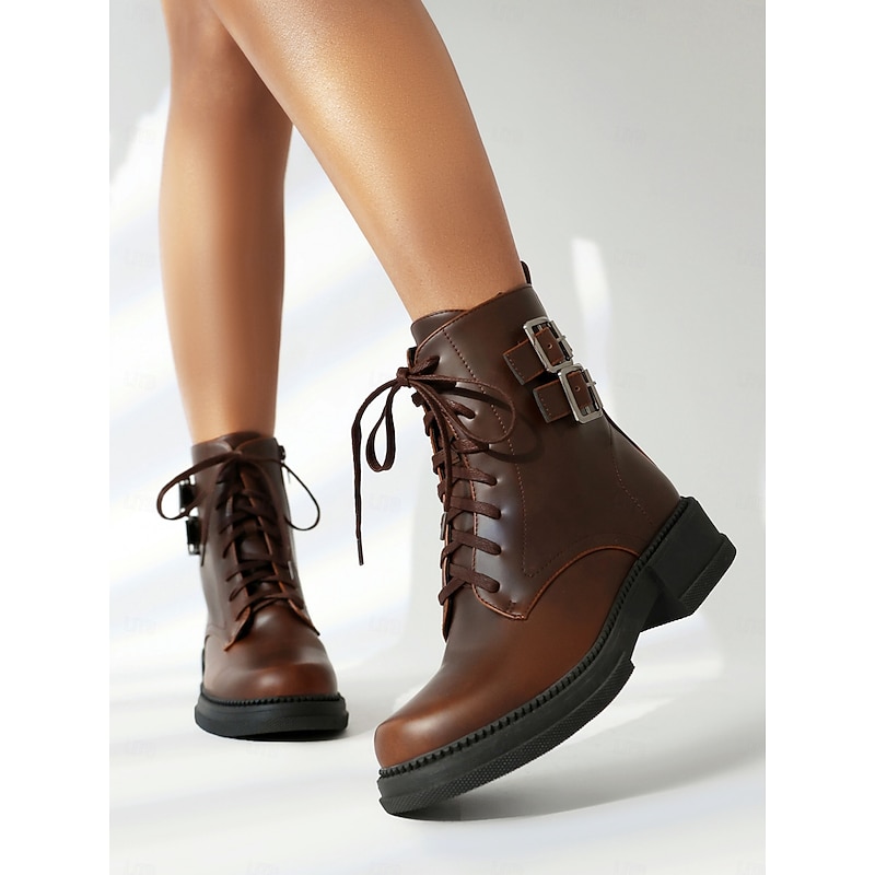 Women's Boots Work Boots Daily Booties Ankle Boots Buckle Low Heel Round Toe Classic Casual Industrial Style Microbial Leather Zipper Lace-up Light Brown Dark Brown Black4
