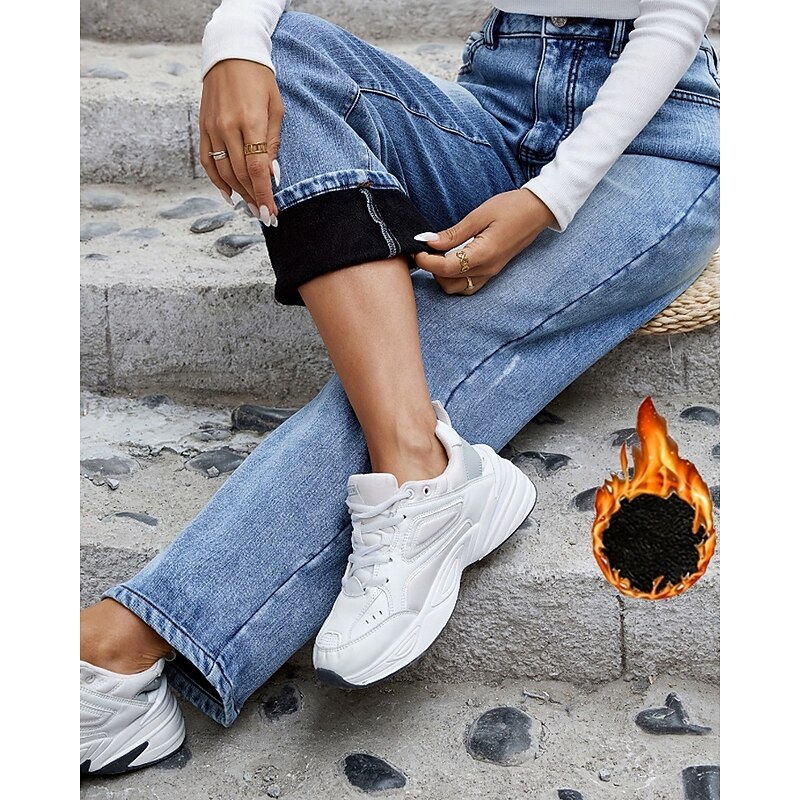 Women's Straight Basic Casual Full Length Mid Waist Plain Pocket Thermal Warm Micro-elastic Outdoor Vacation Street Blue Winter Regular Fit