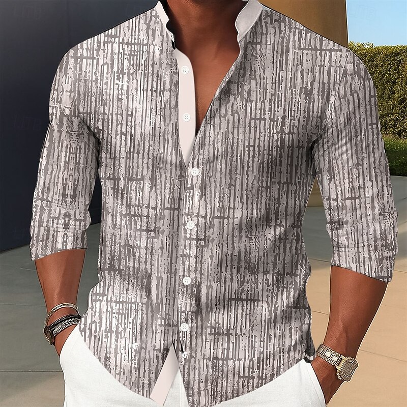 Men's Stripes Geometric Pattern Shirt Stand Collar Shirt Long Sleeve Vintage Retro Dailywear Holiday Spring Fall Mandarin Collar Band Collar 3D Print Button Up Shirts Blue Brown Green Gray2