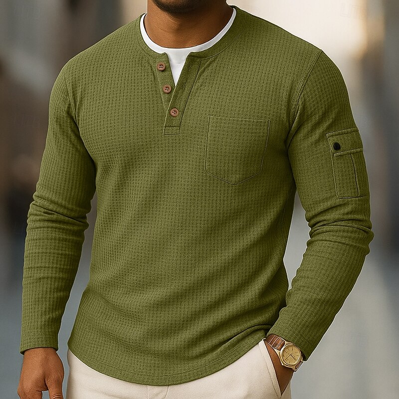 Men's T Shirt Tee Tee Top Long Sleeve Shirt Long Sleeve Henley Spring Fall Plain Fashion Designer Basic Pockets 2 in 1 Vacation Street Going out Black Gray Navy Blue Top Tee for Men