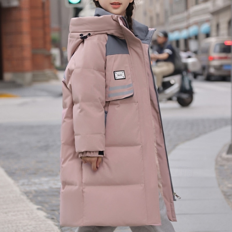 Kids Girls' Down Jacket Outdoor Jacket Puffer Jacket Solid Color Fashion Keep Warm Windproof Outdoor Coat Outerwear 4-12 Years Fall Black Pink Beige
