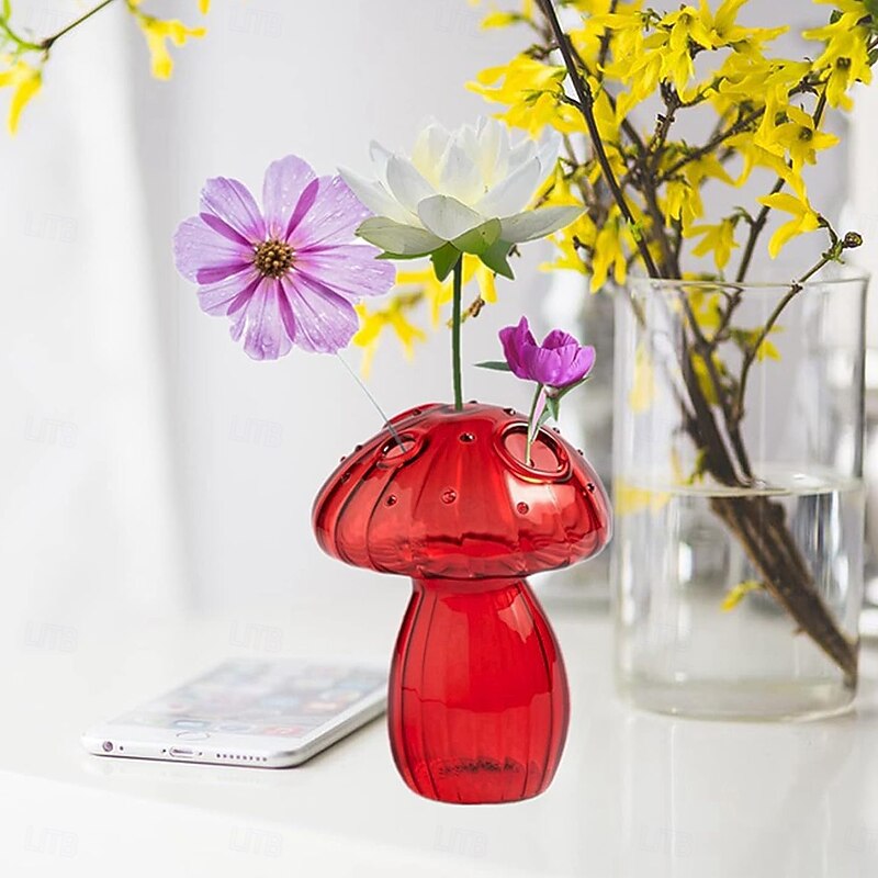 Red Glass Mushroom Decorative Vase, Simple Solid-Color Glass Home Décor Ornament, Ideal for Flowers, Green Plants, Hydroponics, Indoor Tabletop, Dining Room, and Year-Round Home Decoration4