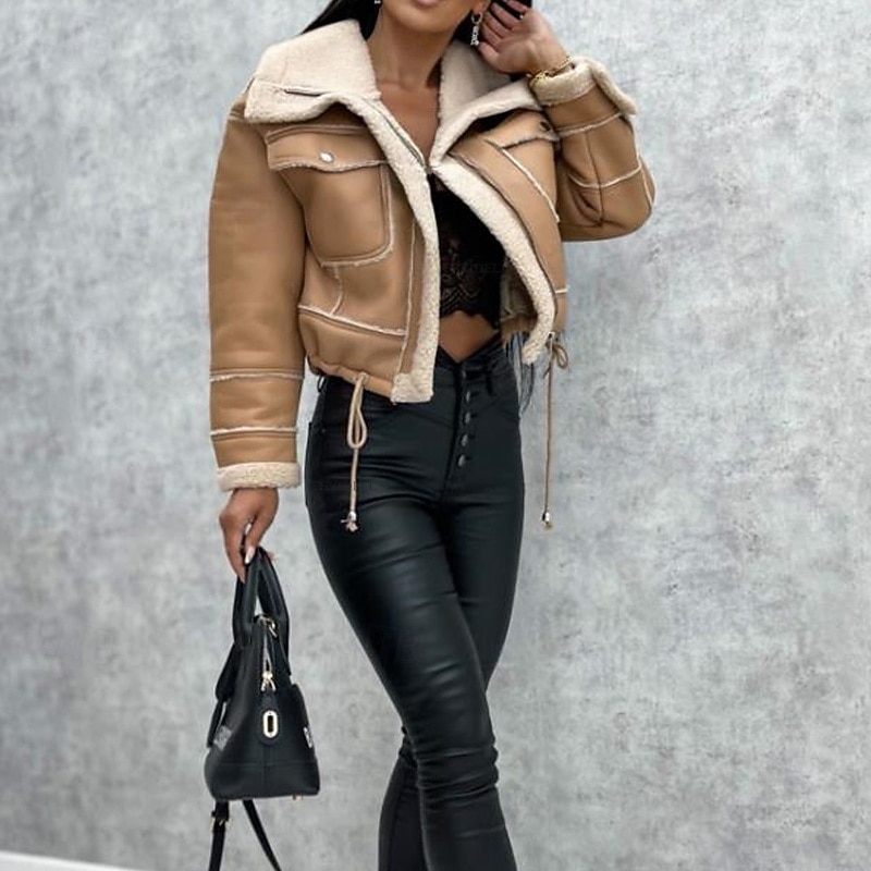 Women's Faux Leather Jacket Sherpa Jacket Warm Comfortable Zipper Pocket Casual Plain Outdoor Vacation Street Casual Short Turndown Regular Fit Long Sleeve Outerwear Black Khaki Beige Fall Winter4