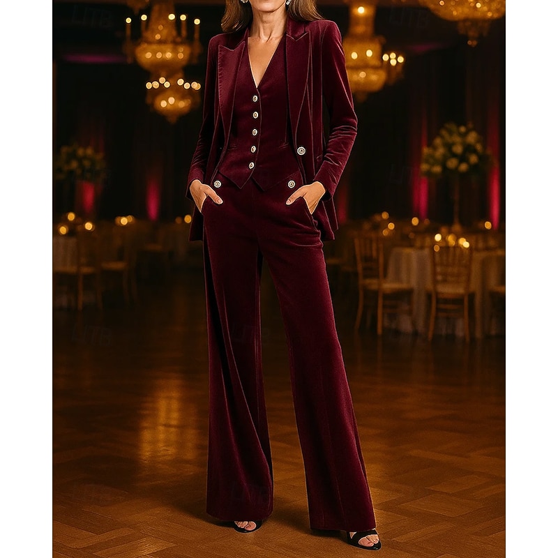 Women's 3 Pieces Velvet Suits Metal Buttons Formal Wedding Guest Formal Evening Elegant Simple Long Sleeve Ankle Length Peak Lapel Single Breasted