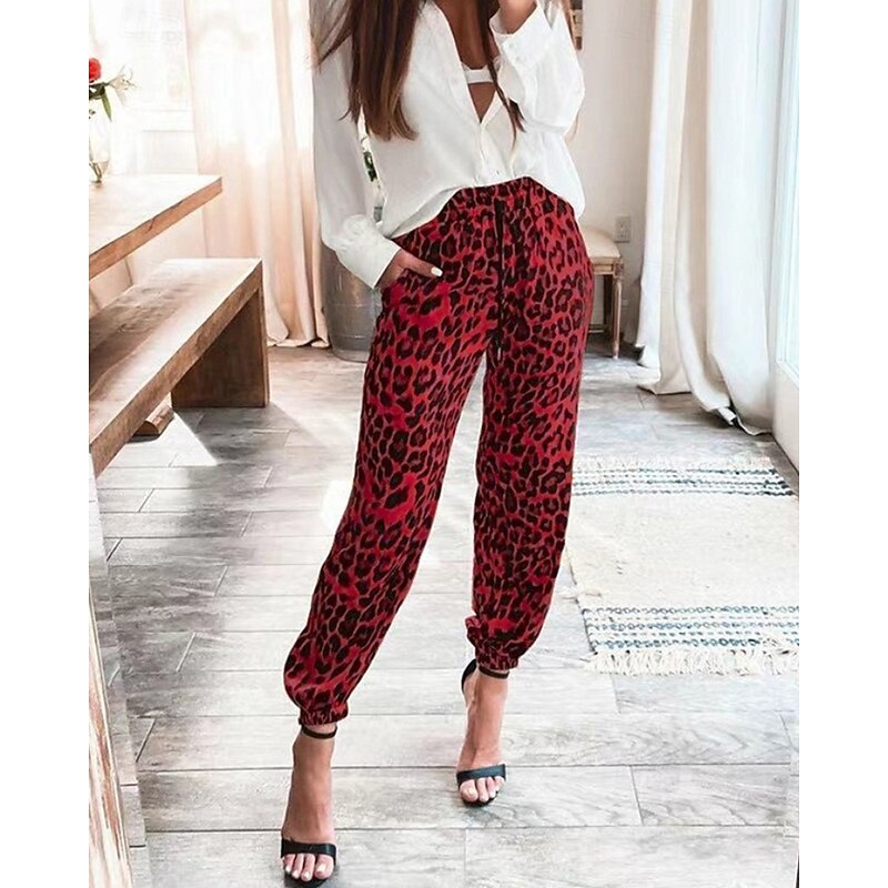 Women's Joggers Chinos Streetwear Casual Full Length Medium Waist Leopard Pocket Elastic Waist Comfortable Stretchy Outdoor Vacation Daily Red Brown Khaki Gray Fall Winter Loose Fit3
