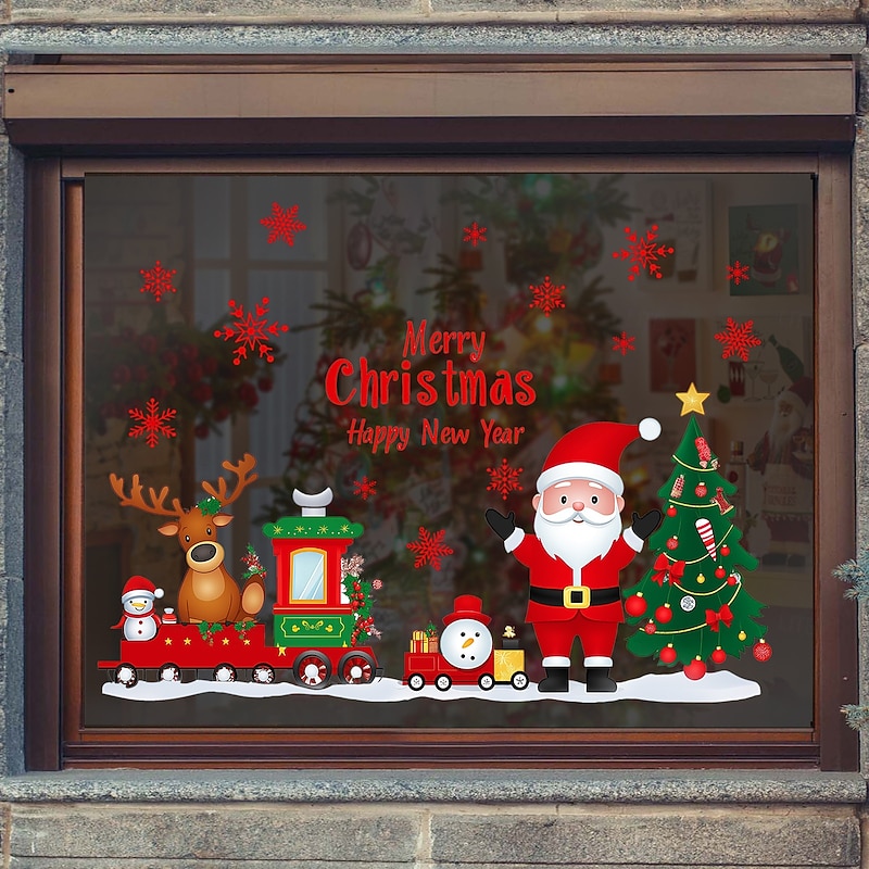 Christmas Sticker Wall Decals Cartoon Santa Claus Reindeer Snowflake Removable Vinyl Mural Holiday Party Shop Window Display Background Decoration For Home Bedroom Living Room4