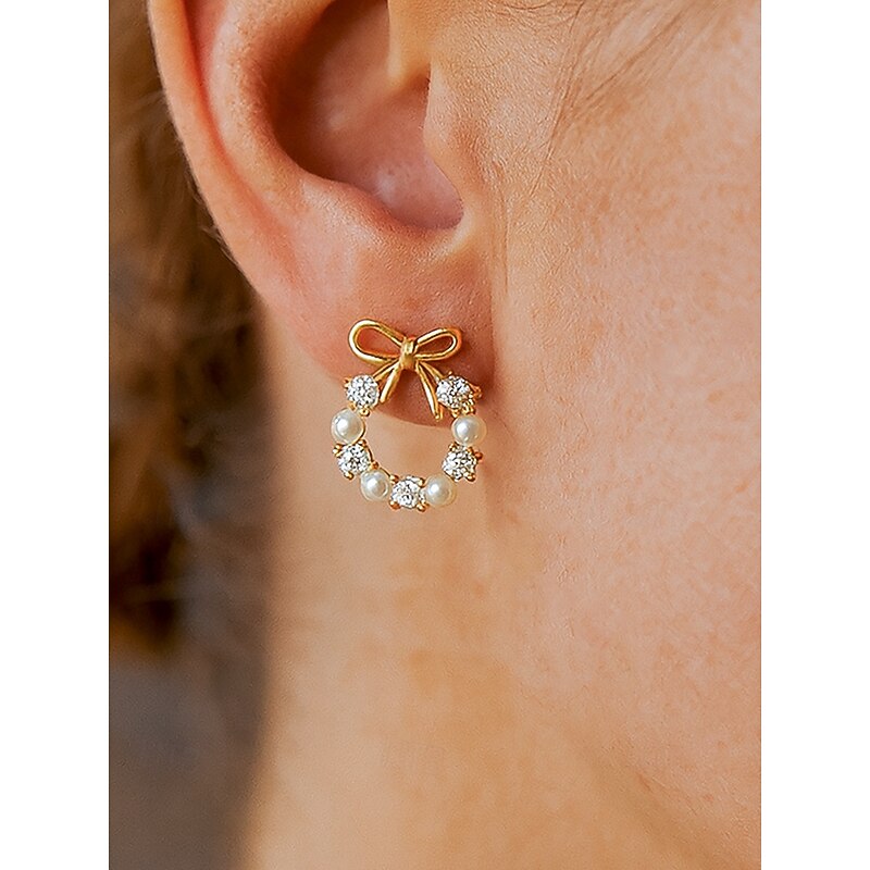 Women's Pearl Bow Earrings – Elegant Wreath Studs with Crystal Accents, Fashion Jewelry for Ladies & Christmas Gift2