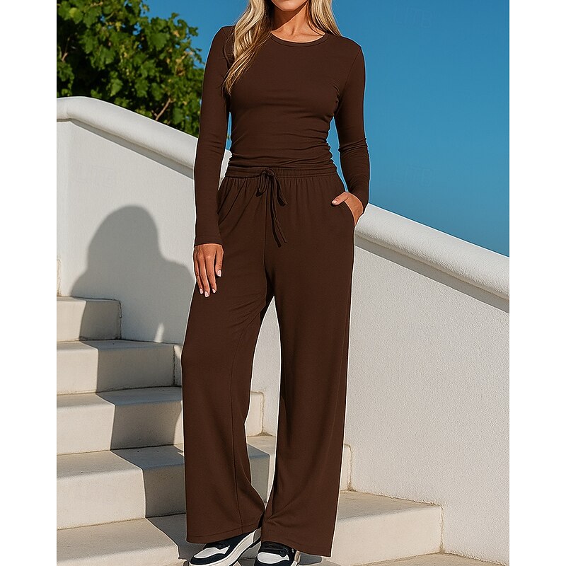 Women's Lounge Sportwear 2 Piece Outfits Solid Colored Clothing Suit Fall Black Pink Outdoor Travel Sports Moisture Wicking Long Sleeve Sport Activewear Micro-elastic Regular Fit