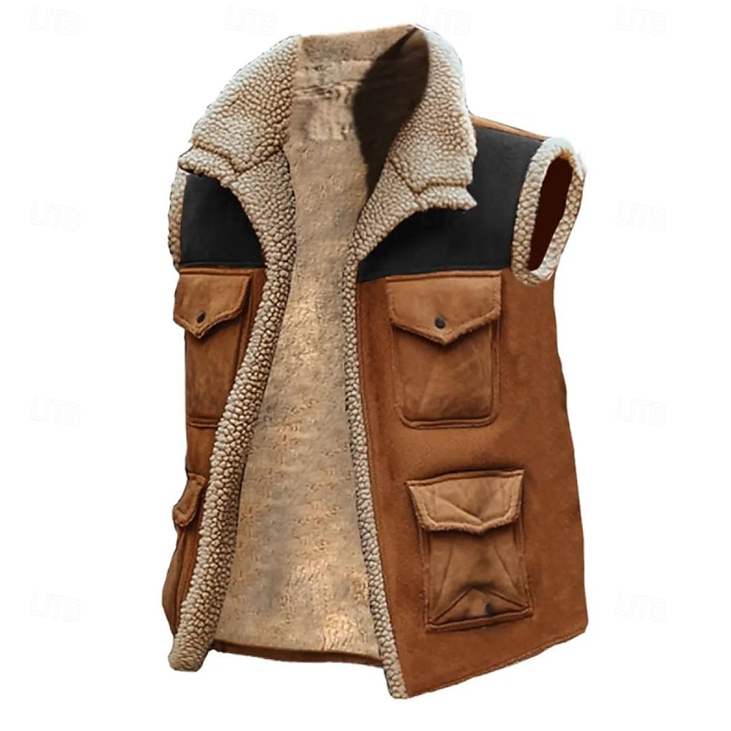 Men's Faux Suede Vest Fleece Vest Outdoor Casual Daily Fashion Retro Fall Winter Pocket Polyester Thermal Warm Comfortable Color Block Zipper Lapel Regular Fit Brown Vest2