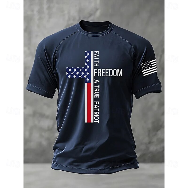 Men's Cross American Flag Short Sleeve Shirt T shirt Tee Tee Top Short Sleeve T shirt 3D Print Crew Neck Shirt Fashion Designer Casual Vacation Daily Holiday Black White Navy Blue All Seasons3