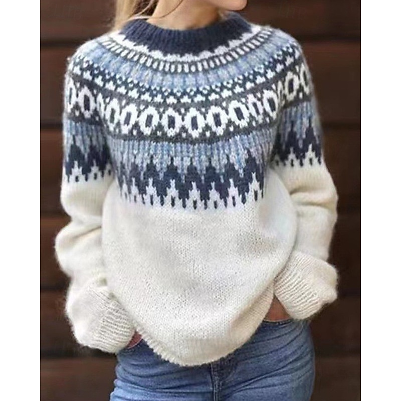Women's Sweater Fair Isle Sweater Fashion Streetwear Casual Geometric Ribbed Crew Neck Knitted Long Sleeve Regular Tops Knit Outdoor Daily Weekend White Pink Fall Winter