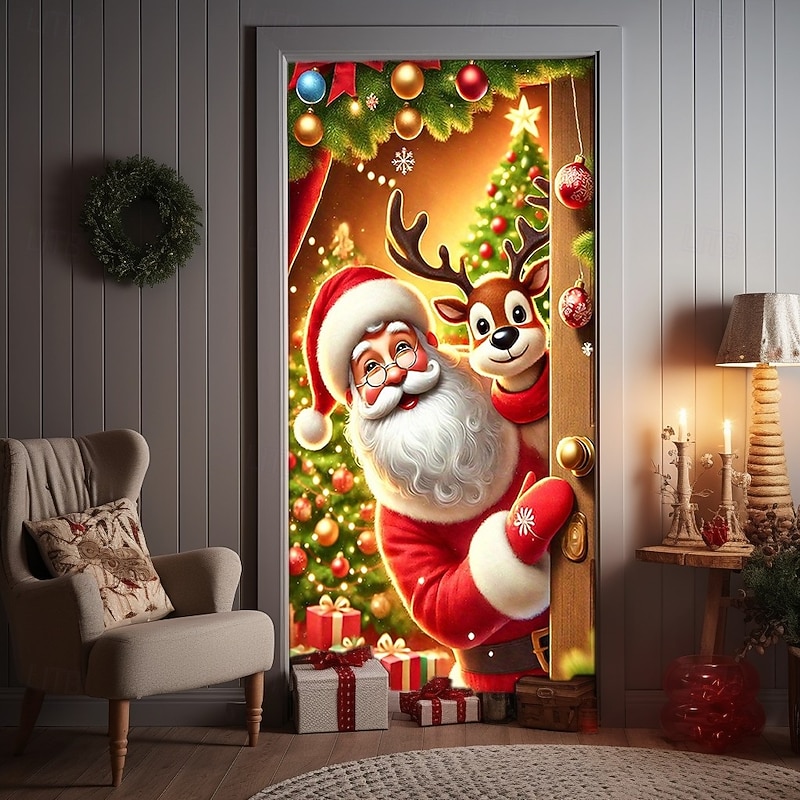 Christmas Door Cover Winter Holiday Decoration Drapes with Santa Claus Reindeer and Christmas Ornament Balls Print for Home Entryway Living Room Bedroom Indoor Outdoor Wall Hanging Festive Decor2