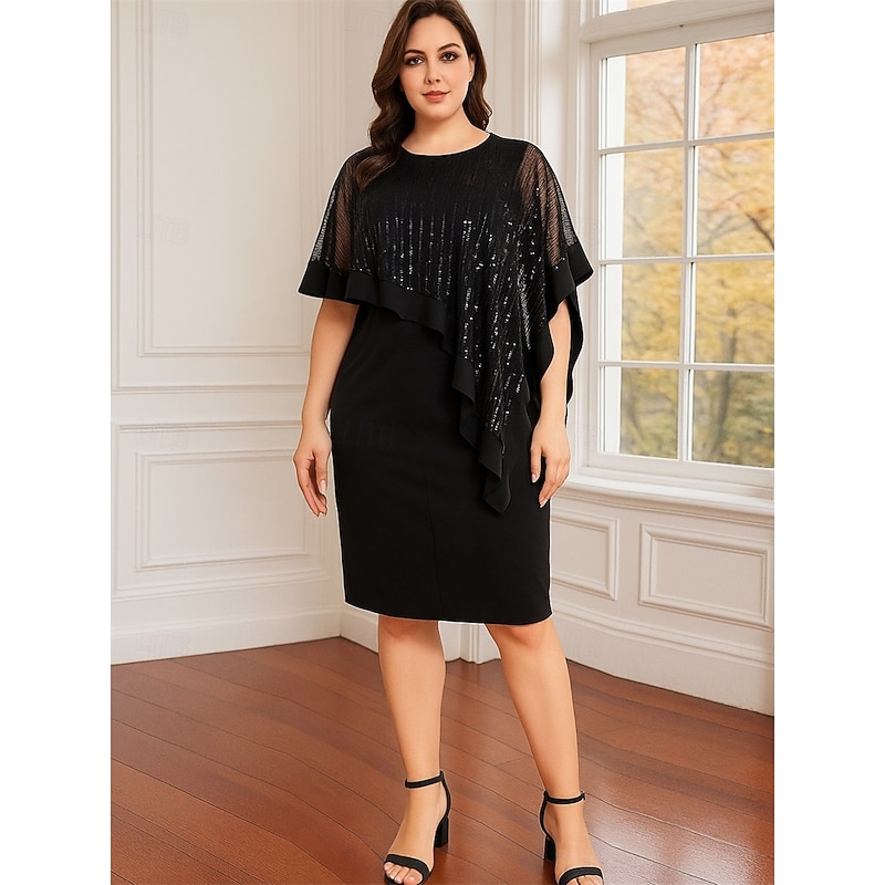 Sheath / Column Mother of the Bride Dress Black Dress Plus Size Sparkle & Shine Crew Neck Knee Length Chiffon Sequined Half Sleeve with Sequin
