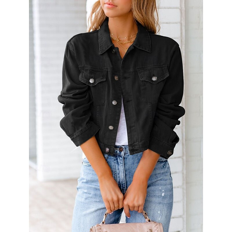 Women's Shirt Jacket Casual Jacket Denim Jacket Comfortable Breathable Pocket Buttons Casual Plain Vacation Street Casual Daily Wear Single Breasted Short Turndown Regular Fit Long Sleeve Outerwear3