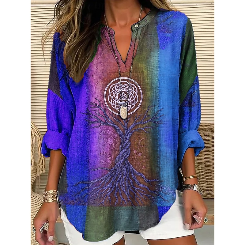 Women's Blouse Graphic Geometric Color Gradient Vintage Tropical Hawaiian Long Sleeve V Neck Regular Tops Daily Holiday Beach Wear Print Yellow Red Blue Purple Spring Fall Winter2