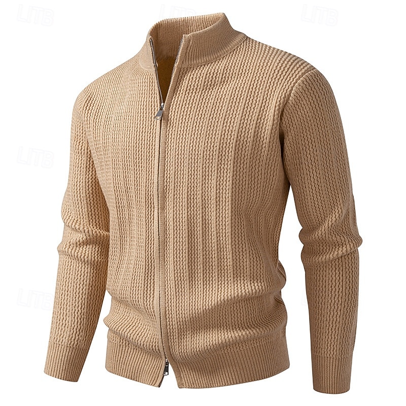 Men's Cardigan Sweater Cropped  Sweater Zip Sweater Knit Sweater Ribbed Knit Regular Tops Zip Up Plain Stand Collar Fashion Classic Vacation Daily Wear Clothing Apparel Fall Winter Black Camel XS S M