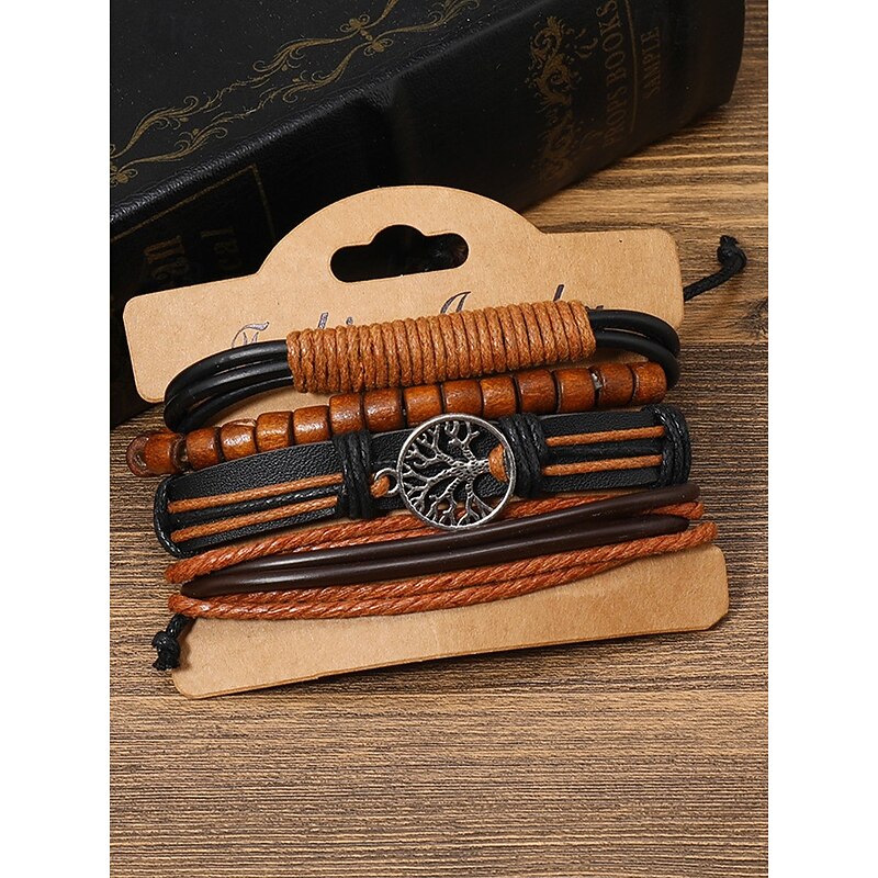 Men's Genuine Leather Multi-Layer Bracelet Set – Boho Beaded Tree of Life Cuff Wristband for Casual, Party and Travel3