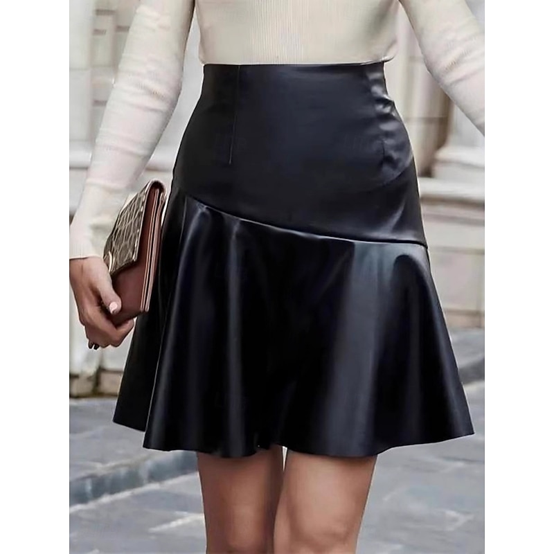 Women's Skirt A Line Fashion Casual Mini High Waist Skirts Plain Micro-elastic Street Daily Black Spring Faux Leather
