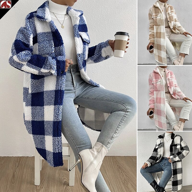 Women's Sherpa Jacket Comfortable Breathable Pocket Buttons Print Casual Plaid Vacation Street Casual Daily Wear Single Breasted Long Turndown Loose Fit Long Sleeve Outerwear Black Pink Blue Spring