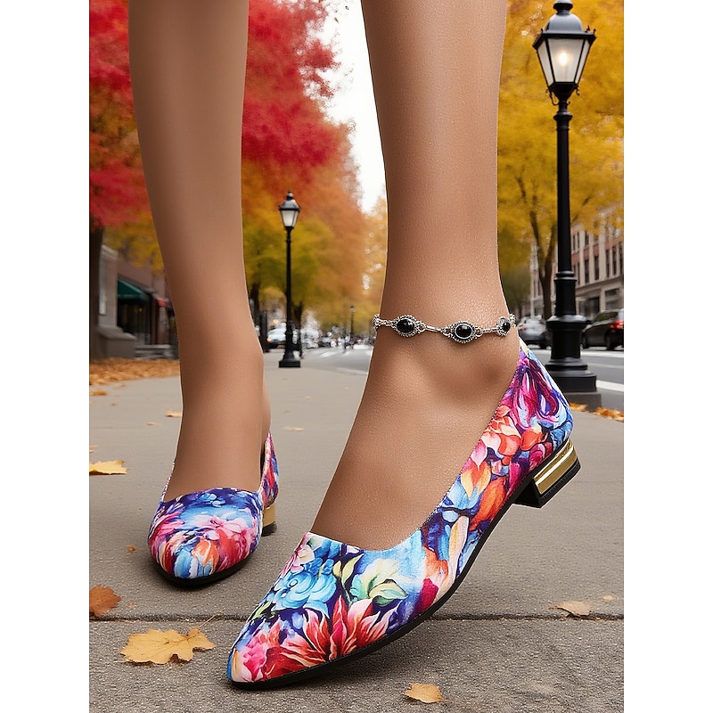 Women's Colorful Floral Print Low Heel Flats with Metallic Accent - Artistic Vintage Style Comfortable Shoes for Autumn Streetwear and City Strolls