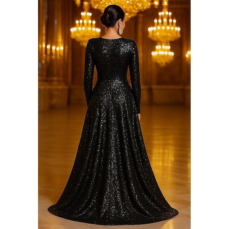 Black Tie A-Line Evening Gown Elegant Formal Dress Formal Wedding Floor Length Long Sleeve Crew Neck Sequined with Glitter 20252