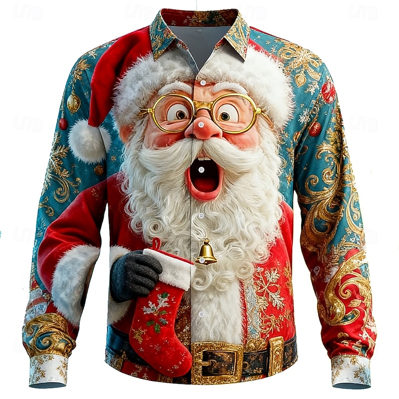 Christmas Men's Santa Claus Christmas Tree Human face Shirt Button Up Shirt Long Sleeve Funny Outdoor Holiday Spring Fall Turndown 3D Print Collared Shirts Red 1 Red Blue2
